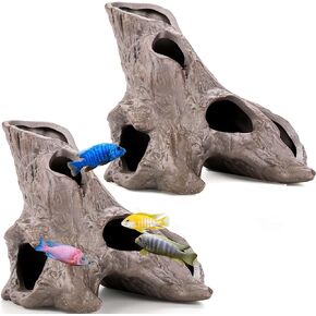 TOPZEA 2 Pack Aquarium Tree Stump with 5 Holes for Betta Fish, Ceramic Hollow Tree Root Cichlid Hiding Rock Caves Hideout Stone, Fish Tank Toys Ornament Landscape Decorations Accessories in Saudi Arabia