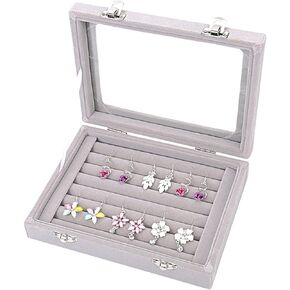 Velvet Glass 50 Rings Organizer Jewelry Ring Display Stand Storage Box Ring Earrings Jewelry Box Ring Holder Case (2 Clasps, Black)