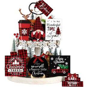 14 Pcs Christmas Tiered Tray Decor Gnome Snowflake Truck Wooden Signs Red and Black Buffalo Plaid Christmas Table Decorations Centerpieces for Farmhouse Home Party Decor in Kuwait