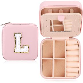Letter Jewelry Box Travel, Portable Mini Alphabet Jewelry Travel Case PU Leather Small Jewelry Organizer Pink Jewelry Travel Case with Exquisite Letter for Women Girls Travel Essentials (Letter C)