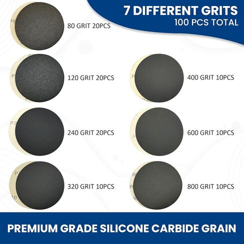 NexGrit Abrasives 100Pc 5 inch Sanding Disc Hook and Loop Backing - 80-800 GRIT Wet Dry Sandpaper - No Hole Silicon Carbide Sandpaper - Waterproof Hook and Loop Sanding Disc Assorted Grit Sandpaper in Saudi Arabia