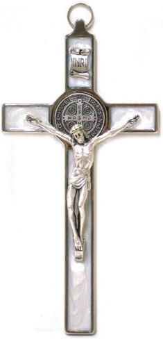 Holy Land Market Saint Benedict Crucifix - All Metal with Inlaid Enamel and Silver Corpus - 8'' in Height - Many Colors - Made in Italy - Black in Saudi Arabia