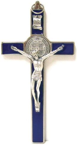 Holy Land Market Saint Benedict Crucifix - All Metal with Inlaid Enamel and Silver Corpus - 8'' in Height - Many Colors - Made in Italy - Black in Saudi Arabia