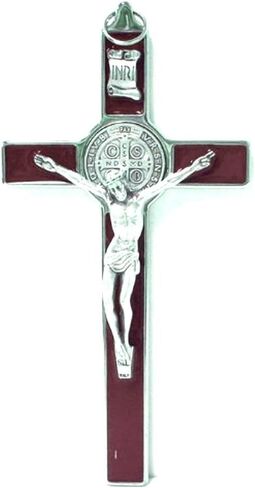 Holy Land Market Saint Benedict Crucifix - All Metal with Inlaid Enamel and Silver Corpus - 8'' in Height - Many Colors - Made in Italy - Black in Saudi Arabia