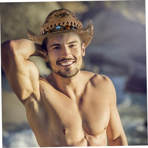 BIUDECO Denim Straw Hat Mexican Sombrero Straw Cowboy Hats for Men Summer Hats for Men Wide Floppy Panama Hat Wide Bucket Hat Straw Braid Hat Beach Straw Hat Cowgirl Straw Hat Clothing 1pc in Saudi Arabia