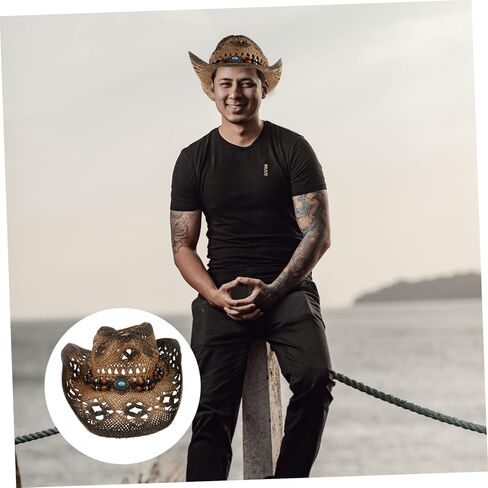 BIUDECO Denim Straw Hat Mexican Sombrero Straw Cowboy Hats for Men Summer Hats for Men Wide Floppy Panama Hat Wide Bucket Hat Straw Braid Hat Beach Straw Hat Cowgirl Straw Hat Clothing 1pc in Saudi Arabia