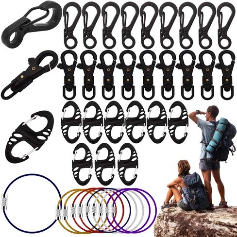 40 قطعة من مشابك شنطة الظهر الزنبركية الصغيرة، مشابك حلقية 8 اشكال، سلسلة مفاتيح سلكية من الستانلس ستيل وخطاف بلاستيكي دوار لباراكورد (4 عناصر، 10 قطع لكل عنصر) in Kuwait