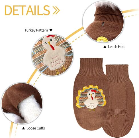 DELIFUR Thanksgiving Dog Turkey Sweater - Cat Turtleneck Knitted Sweater with Leash Hole Thanksgiving Outfit for Cat Puppy Fall Color (Brown2#, Small) in Saudi Arabia