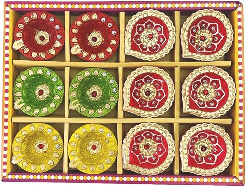 كيه اس جون ديكور ديوالي ملون مصنوع يدويا من الطين الترابي مرسومة باليد لتزيين مهرجان ديوالي بوجا لديكور المنزل الداخلي والخارجي مع فتائل قطنية (مجموعة من 12 قطعة) in Kuwait