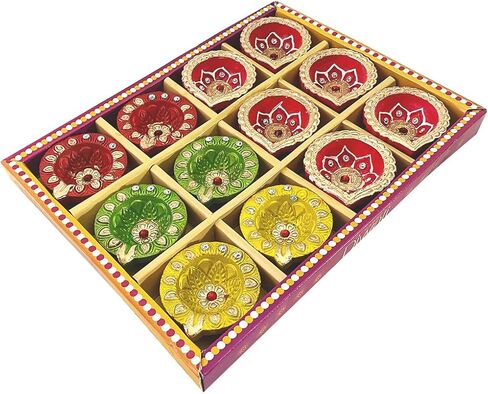 كيه اس جون ديكور ديوالي ملون مصنوع يدويا من الطين الترابي مرسومة باليد لتزيين مهرجان ديوالي بوجا لديكور المنزل الداخلي والخارجي مع فتائل قطنية (مجموعة من 12 قطعة) in Kuwait