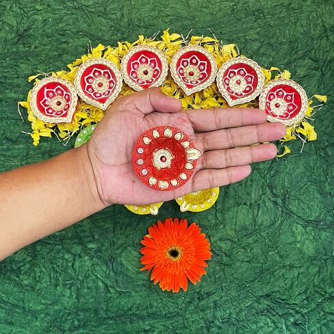 كيه اس جون ديكور ديوالي ملون مصنوع يدويا من الطين الترابي مرسومة باليد لتزيين مهرجان ديوالي بوجا لديكور المنزل الداخلي والخارجي مع فتائل قطنية (مجموعة من 12 قطعة) in Kuwait