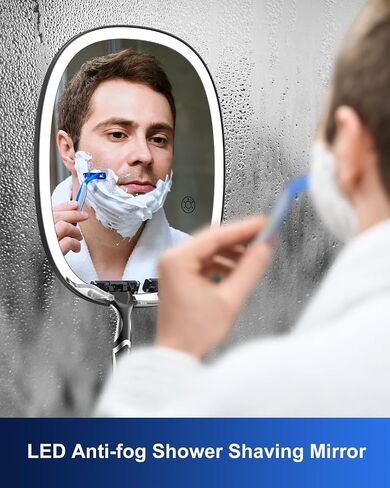 Anfauny Dimmable LED Fogless Shower Shaving Mirror with 3 Light Colors, Double Razor Holders Shatterproof Shaving Mirror, 360° Rotation No-Drilling Wall-Mounted Anti-Fog Bathroom Mirror for Men Women in Saudi Arabia