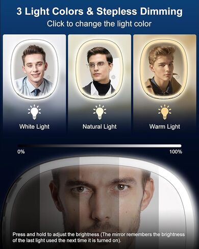 Anfauny Dimmable LED Fogless Shower Shaving Mirror with 3 Light Colors, Double Razor Holders Shatterproof Shaving Mirror, 360° Rotation No-Drilling Wall-Mounted Anti-Fog Bathroom Mirror for Men Women in Saudi Arabia