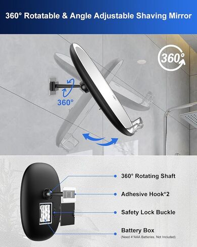Anfauny Dimmable LED Fogless Shower Shaving Mirror with 3 Light Colors, Double Razor Holders Shatterproof Shaving Mirror, 360° Rotation No-Drilling Wall-Mounted Anti-Fog Bathroom Mirror for Men Women in Saudi Arabia