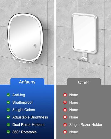 Anfauny Dimmable LED Fogless Shower Shaving Mirror with 3 Light Colors, Double Razor Holders Shatterproof Shaving Mirror, 360° Rotation No-Drilling Wall-Mounted Anti-Fog Bathroom Mirror for Men Women in Saudi Arabia