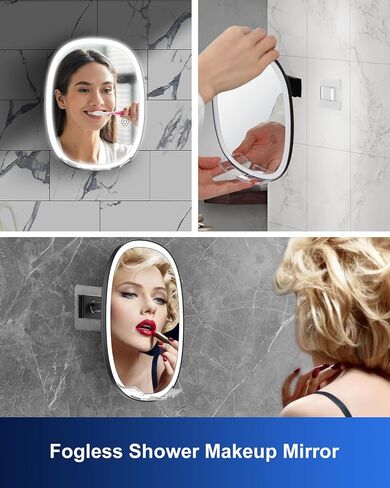 Anfauny Dimmable LED Fogless Shower Shaving Mirror with 3 Light Colors, Double Razor Holders Shatterproof Shaving Mirror, 360° Rotation No-Drilling Wall-Mounted Anti-Fog Bathroom Mirror for Men Women in Saudi Arabia