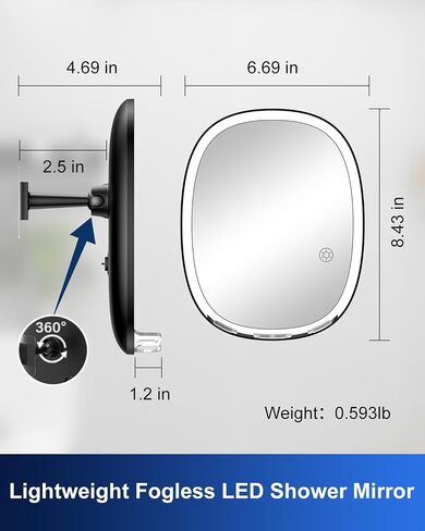 Anfauny Dimmable LED Fogless Shower Shaving Mirror with 3 Light Colors, Double Razor Holders Shatterproof Shaving Mirror, 360° Rotation No-Drilling Wall-Mounted Anti-Fog Bathroom Mirror for Men Women in Saudi Arabia