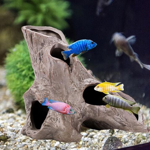 TOPZEA 2 حزمة جذع شجرة حوض السمك مع 5 فتحات لأسماك البيتا، جذر شجرة مجوف من السيراميك Cichlid يختبئ الكهوف الصخرية حجر مخبأ، ألعاب خزان الأسماك، زينة ديكورات المناظر الطبيعية in Saudi Arabia