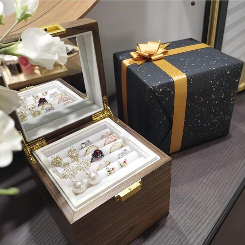 CERAFURNI Jewelry Box Wooden Jewelry Case, Gift, Jewelry Holder Organizer Ring Necklace Earring Organizer Home Decorations 3 Layer Plush Velvet Storage Cabinet with Makeup Mirror Oriental Style Item in Saudi Arabia