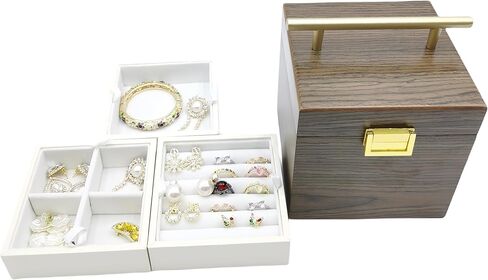 CERAFURNI Jewelry Box Wooden Jewelry Case, Gift, Jewelry Holder Organizer Ring Necklace Earring Organizer Home Decorations 3 Layer Plush Velvet Storage Cabinet with Makeup Mirror Oriental Style Item in Saudi Arabia
