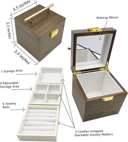 CERAFURNI Jewelry Box Wooden Jewelry Case, Gift, Jewelry Holder Organizer Ring Necklace Earring Organizer Home Decorations 3 Layer Plush Velvet Storage Cabinet with Makeup Mirror Oriental Style Item in Saudi Arabia
