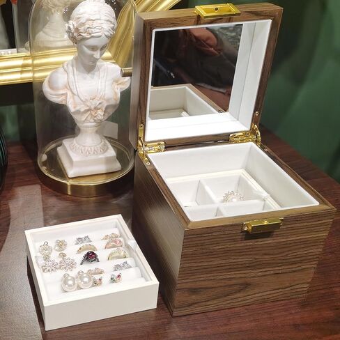 CERAFURNI Jewelry Box Wooden Jewelry Case, Gift, Jewelry Holder Organizer Ring Necklace Earring Organizer Home Decorations 3 Layer Plush Velvet Storage Cabinet with Makeup Mirror Oriental Style Item in Saudi Arabia