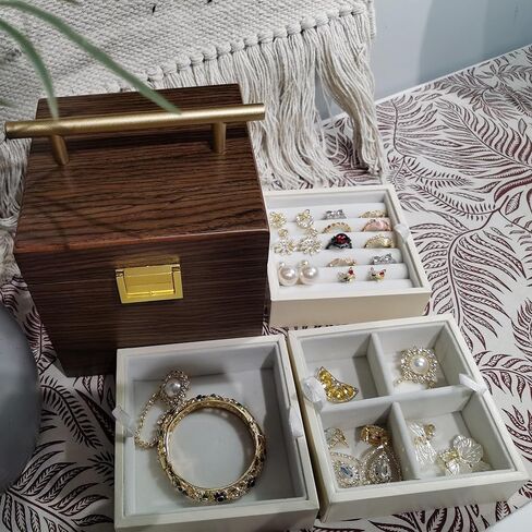 CERAFURNI Jewelry Box Wooden Jewelry Case, Gift, Jewelry Holder Organizer Ring Necklace Earring Organizer Home Decorations 3 Layer Plush Velvet Storage Cabinet with Makeup Mirror Oriental Style Item in Saudi Arabia