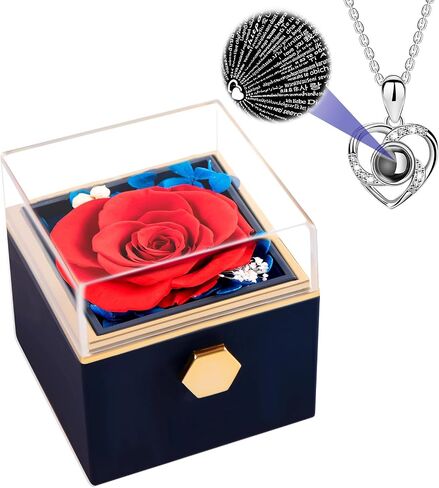 HIAGROW Valentines Day Gifts for Her, Red Preserved Rose Box with 100 Languages I Love You Necklace, Forever Flower Rotating Jewelry Box Birthday for Mom, Wife, Girlfriend in Saudi Arabia