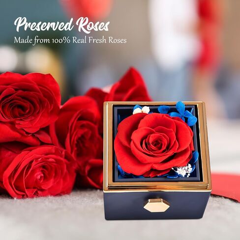 HIAGROW Valentines Day Gifts for Her, Red Preserved Rose Box with 100 Languages I Love You Necklace, Forever Flower Rotating Jewelry Box Birthday for Mom, Wife, Girlfriend in Saudi Arabia