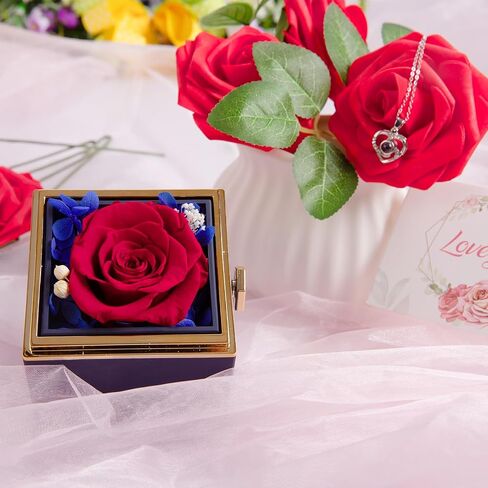 HIAGROW Valentines Day Gifts for Her, Red Preserved Rose Box with 100 Languages I Love You Necklace, Forever Flower Rotating Jewelry Box Birthday for Mom, Wife, Girlfriend in Saudi Arabia