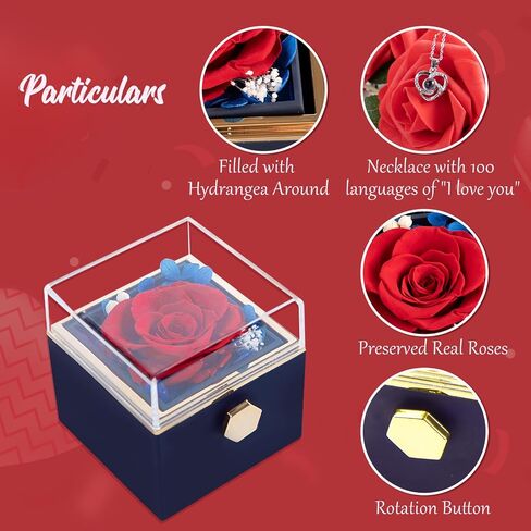 HIAGROW Valentines Day Gifts for Her, Red Preserved Rose Box with 100 Languages I Love You Necklace, Forever Flower Rotating Jewelry Box Birthday for Mom, Wife, Girlfriend in Saudi Arabia