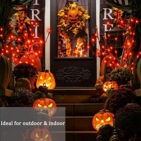 Fall Decor for Indoor Outdoor, Autumn Artificial Orange Flowers Leaves Pumpkins with Lighted Branches Lights with Timer, Battery Operated, Fairy Twig Tree for Vase Thanksgiving Halloween Party Wedding in Kuwait