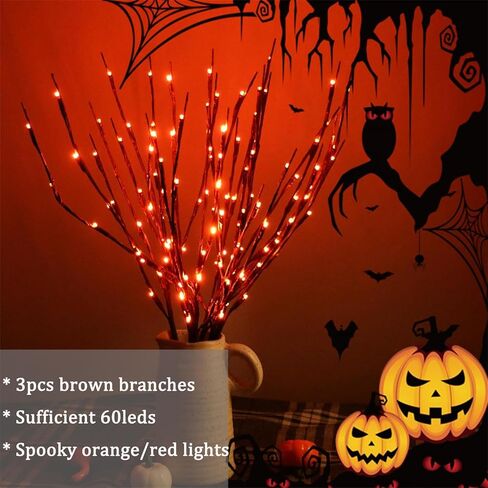 Fall Decor for Indoor Outdoor, Autumn Artificial Orange Flowers Leaves Pumpkins with Lighted Branches Lights with Timer, Battery Operated, Fairy Twig Tree for Vase Thanksgiving Halloween Party Wedding in Kuwait