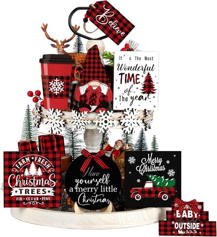 14 Pcs Christmas Tiered Tray Decor Gnome Snowflake Truck Wooden Signs Red and Black Buffalo Plaid Christmas Table Decorations Centerpieces for Farmhouse Home Party Decor in Saudi Arabia