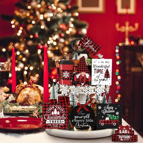 14 Pcs Christmas Tiered Tray Decor Gnome Snowflake Truck Wooden Signs Red and Black Buffalo Plaid Christmas Table Decorations Centerpieces for Farmhouse Home Party Decor in Saudi Arabia