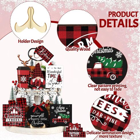 14 Pcs Christmas Tiered Tray Decor Gnome Snowflake Truck Wooden Signs Red and Black Buffalo Plaid Christmas Table Decorations Centerpieces for Farmhouse Home Party Decor in Saudi Arabia