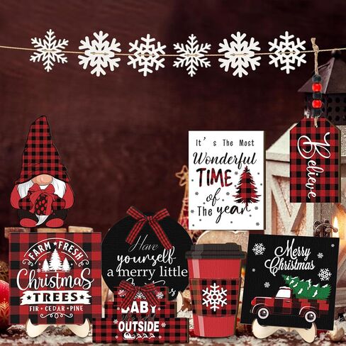 14 Pcs Christmas Tiered Tray Decor Gnome Snowflake Truck Wooden Signs Red and Black Buffalo Plaid Christmas Table Decorations Centerpieces for Farmhouse Home Party Decor in Saudi Arabia