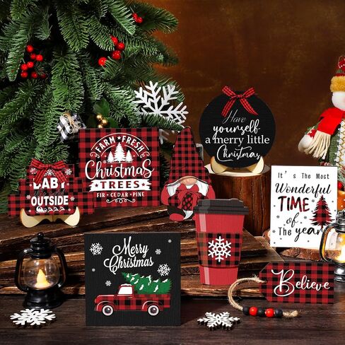 14 Pcs Christmas Tiered Tray Decor Gnome Snowflake Truck Wooden Signs Red and Black Buffalo Plaid Christmas Table Decorations Centerpieces for Farmhouse Home Party Decor in Saudi Arabia