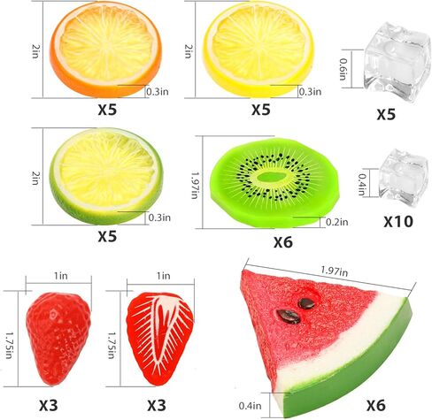 مجموعة فواكه بلاستيكية مزيفة مكونة من 48 قطعة من رويزيهو مكونة من 5 مكعبات ثلج و10 قطع من الثلج المجروش و15 شريحة ليمون و6 فراولة و6 شرائح بطيخ و6 شرائح كيوي in Kuwait