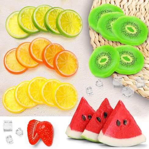 مجموعة فواكه بلاستيكية مزيفة مكونة من 48 قطعة من رويزيهو مكونة من 5 مكعبات ثلج و10 قطع من الثلج المجروش و15 شريحة ليمون و6 فراولة و6 شرائح بطيخ و6 شرائح كيوي in Kuwait