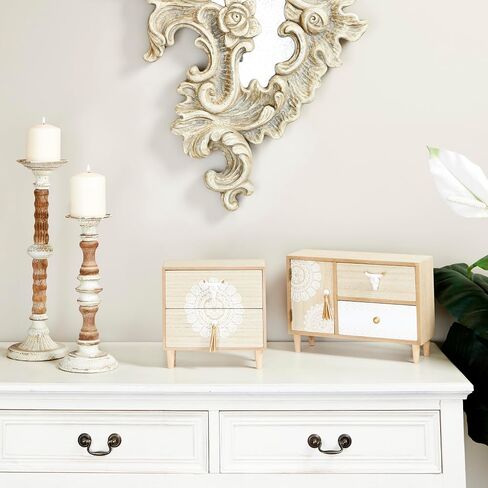 Deco 79 Wood Floral 3 Drawer Jewelry Box with Bull Head Knob, 12" x 5" x 8", Light Brown in Saudi Arabia