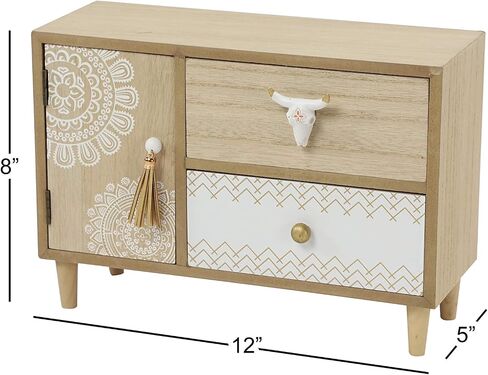 Deco 79 Wood Floral 3 Drawer Jewelry Box with Bull Head Knob, 12" x 5" x 8", Light Brown in Saudi Arabia