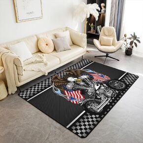 Motorcycle Area Rug 3x5, Helmet American Flag Eagle Print Decorative Carpet for Living Room Bedside Patio, Cool Extreme Racing Animal Non Slip Non Shedding Washable Rug for Kids Adults