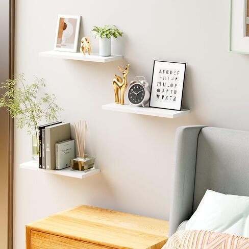 YIGANG Wall Mounted Floating Shelves，Set of 3 White Floating Display Shelf Home Bedroom Decor Shelf with No Visible Install Screws,White. in Saudi Arabia