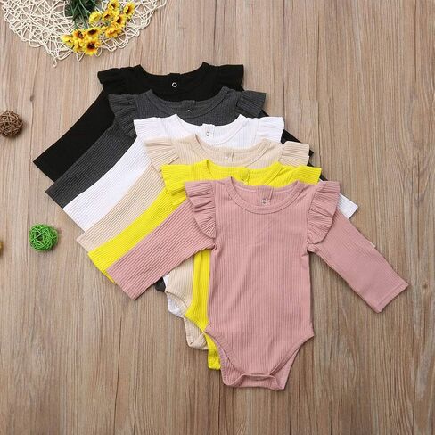 bebiullo Baby Girl Ribbed Long Sleeves Bodysuit Cotton Ruffle Rib Romper Jumpsuit 0-24M in Saudi Arabia