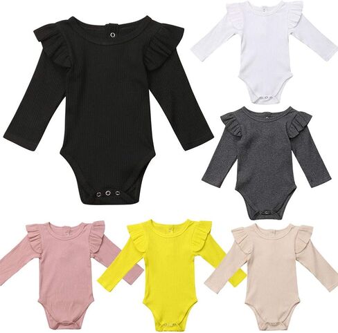 bebiullo Baby Girl Ribbed Long Sleeves Bodysuit Cotton Ruffle Rib Romper Jumpsuit 0-24M in Saudi Arabia