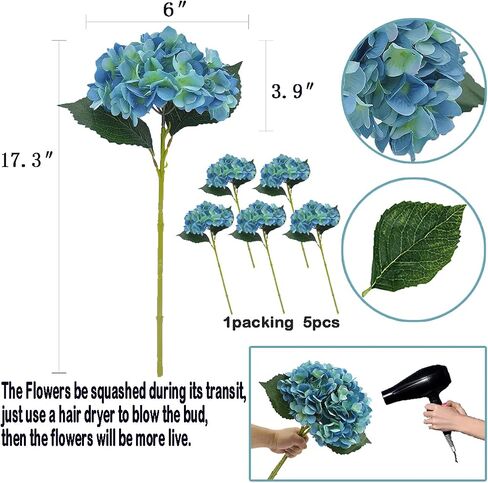 Artificial Fake Flowers Plants Silk Hydrangea 1 Flower Head Arrangements Wedding Bouquets Decorations Plastic Floral Table Centerpieces Home Kitchen Garden (Black Blue) in Kuwait