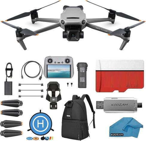 DJI Mavic 3 Classic - كاميرا بدون طيار مع كاميرا DJI-RC 4/3 CMOS Hasselblad، فيديو بدقة 5.1K HD، مع بطاقة Micro SD سعة 128 جيجابايت، وقارئ بطاقة USB 3.0، ووسادة هبوط، وحقيبة ظهر مقاومة للماء والمزيد in Kuwait