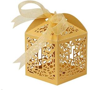 Lucky Monet 25/50/100 قطعة من علب الهدايا المتقاطعة بالليزر المقطوعة بالليزر، صناديق هدايا المعمودية لتعميد الطفل وحفلات الزفاف وتزيين الكنيسة بشريط (25 قطعة، أبيض)