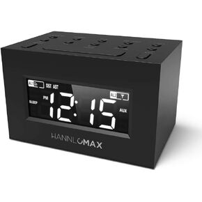 HANNLOMAX HX-111CR Alarm Clock Radio, PLL AM/FM Radio, Dual Alarm, White LED Display, Auto DST, Aux-in Jack. (Black) in Kuwait